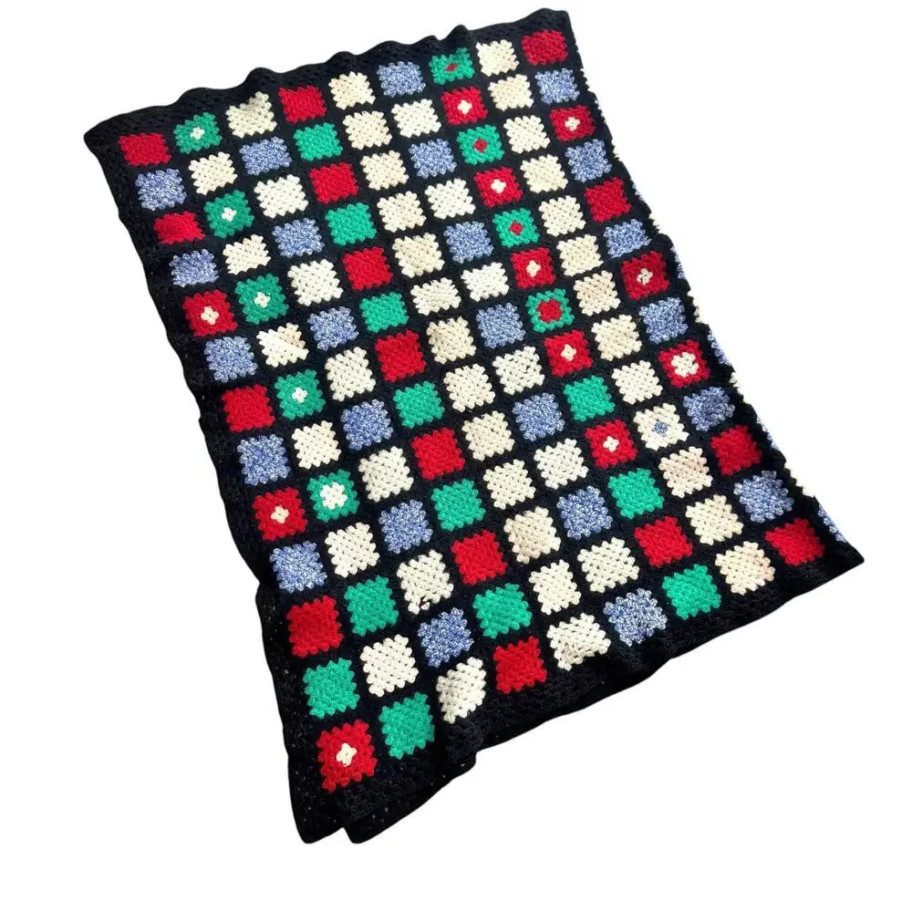 Vintage Granny Square Handmade Afghan Knitted Throw Blanket Multicolor  32”x43”